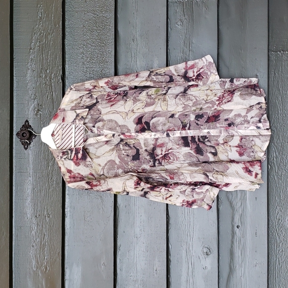 SOFT SURROUNDINGS Watercolor Magnolia Floral Long Button Down Shirt sz XL Petite - Picture 2 of 6